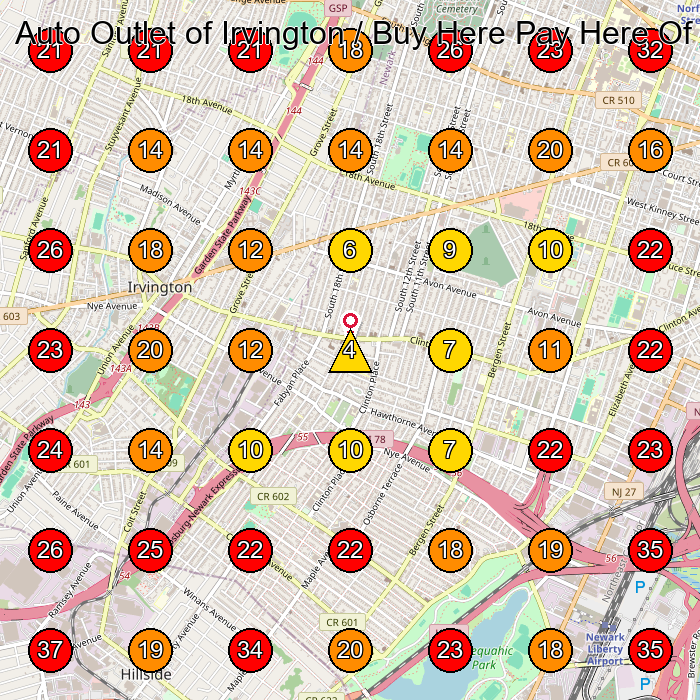 Auto Outlet of Irvington / Buy Here Pay Here Of Irvington GeoGrid visibility map for Used Car Dealer in Newark